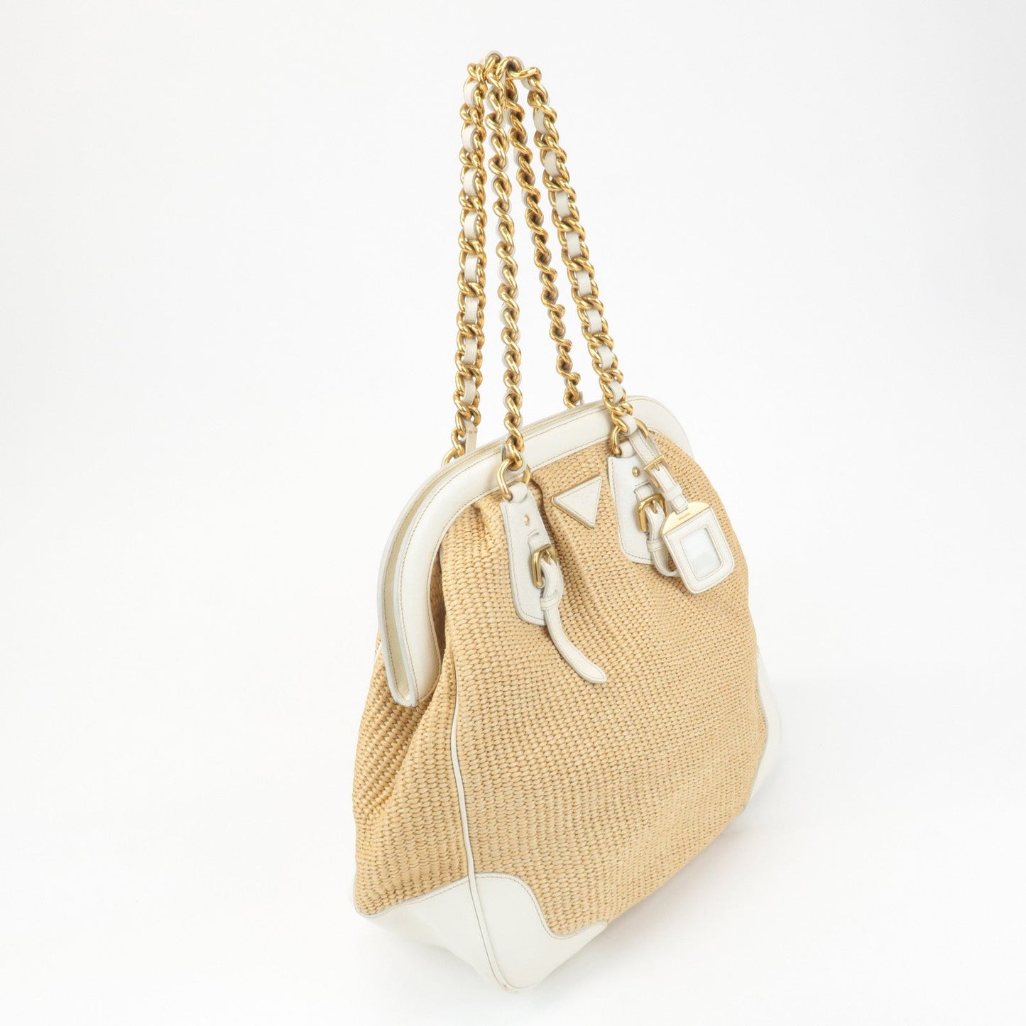 PRADA Triangle Leather Raffia Shoulder Bag Straw Bag Beige BR3693