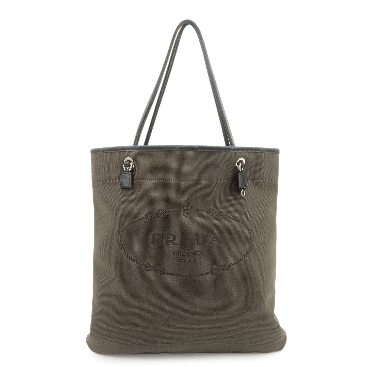 PRADA Logo Jacquard Leather Tote Bag Shoulder Bag Dark Brown