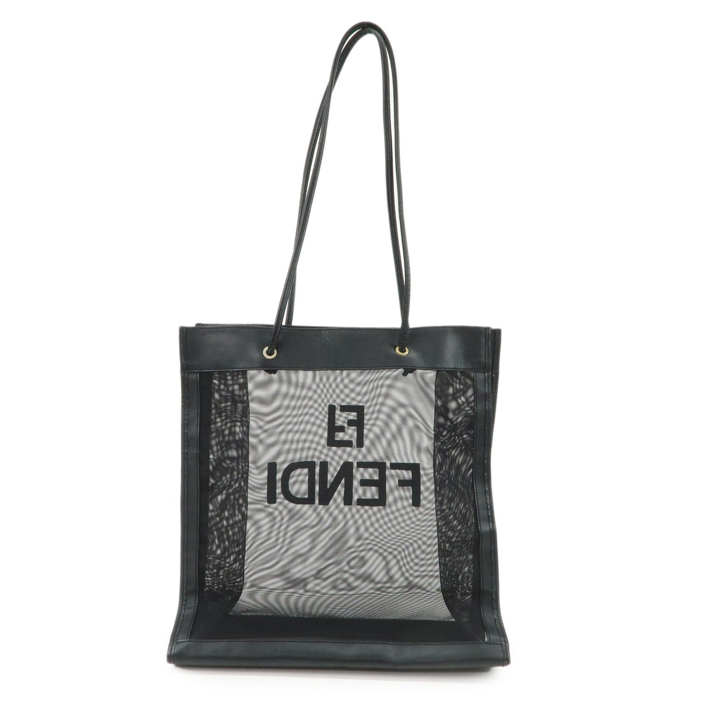 FENDI Mesh Leather Tote Bag Shoulder Bag Black Gold Hardware 259647