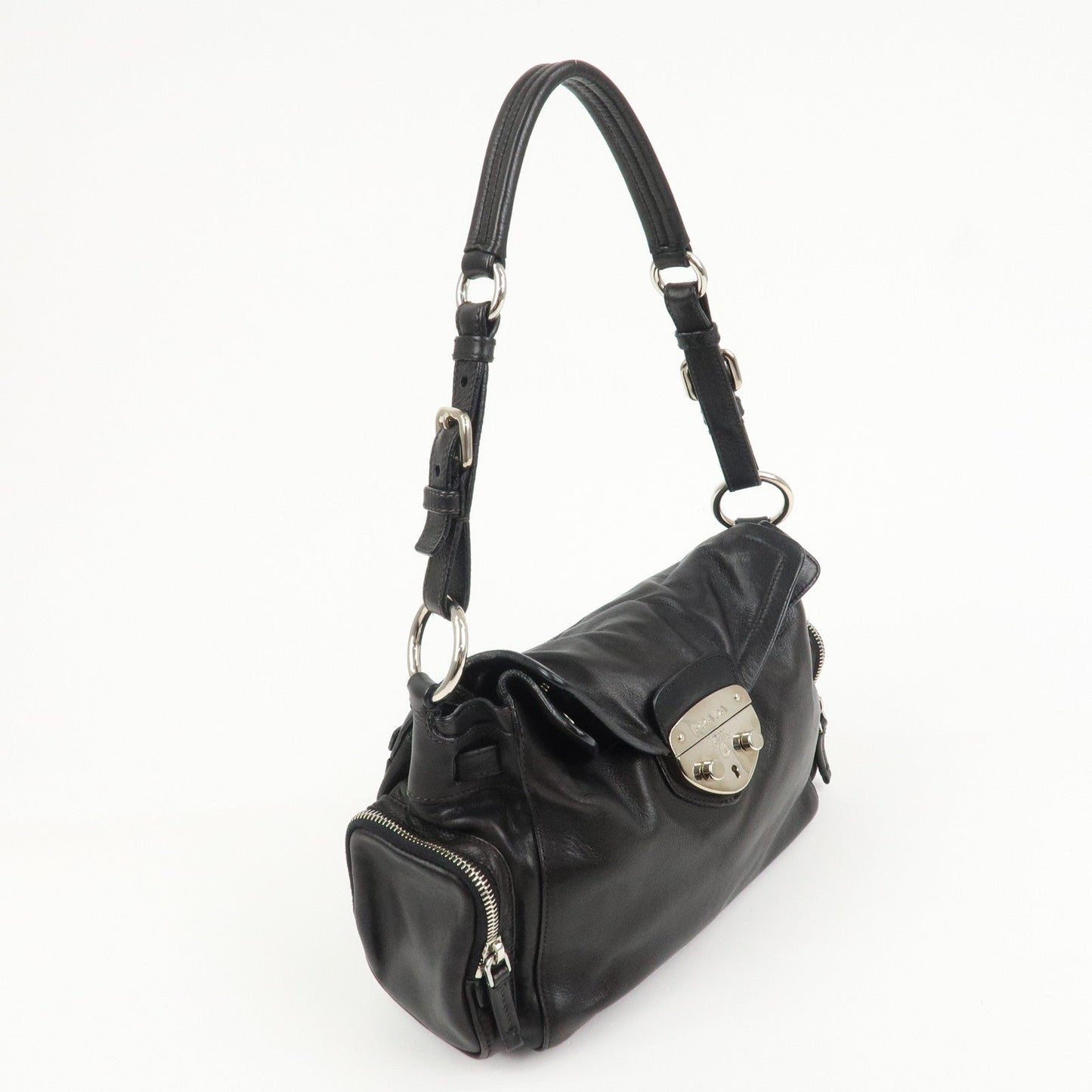 PRADA Triangle Logo Leather Calf Skin Shoulder Bag Black BR3307