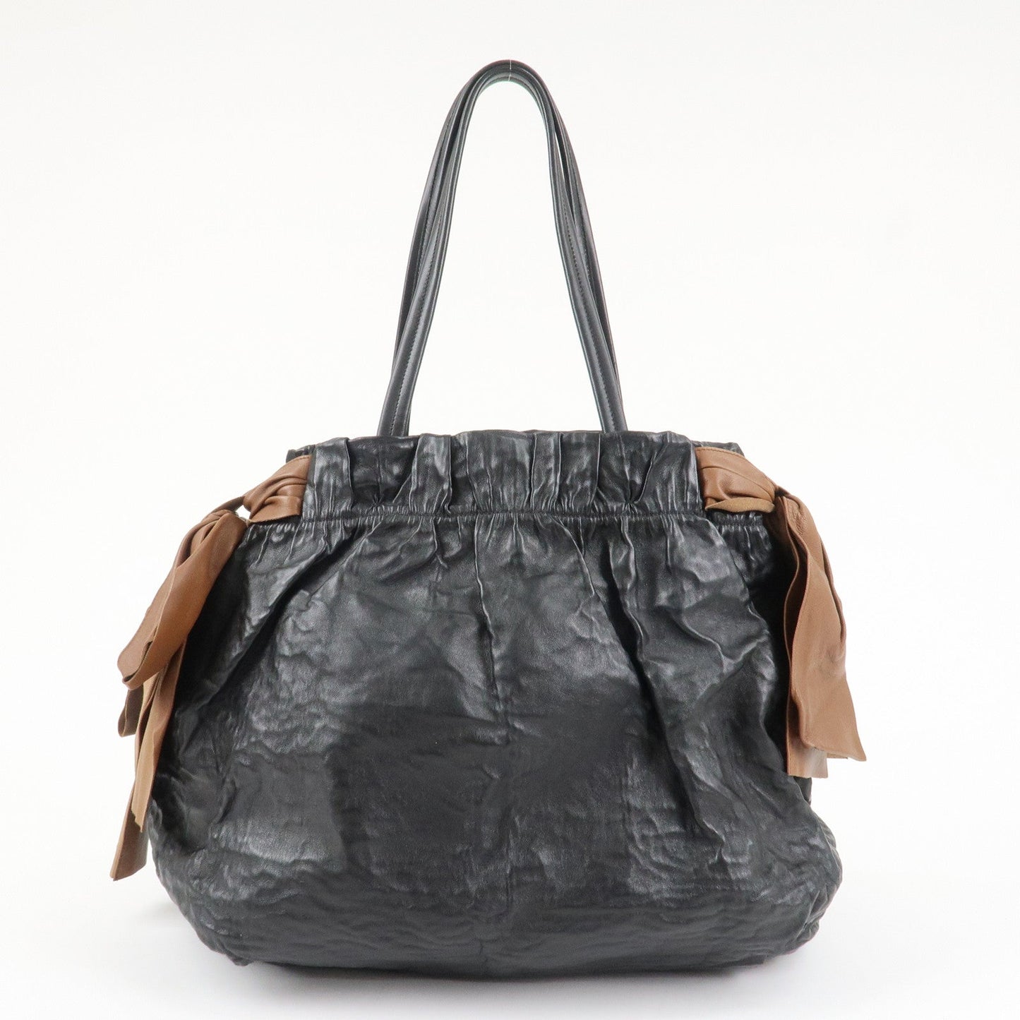 PRADA Leather Ribbon Shoulder Bag Hand Bag Black Brown