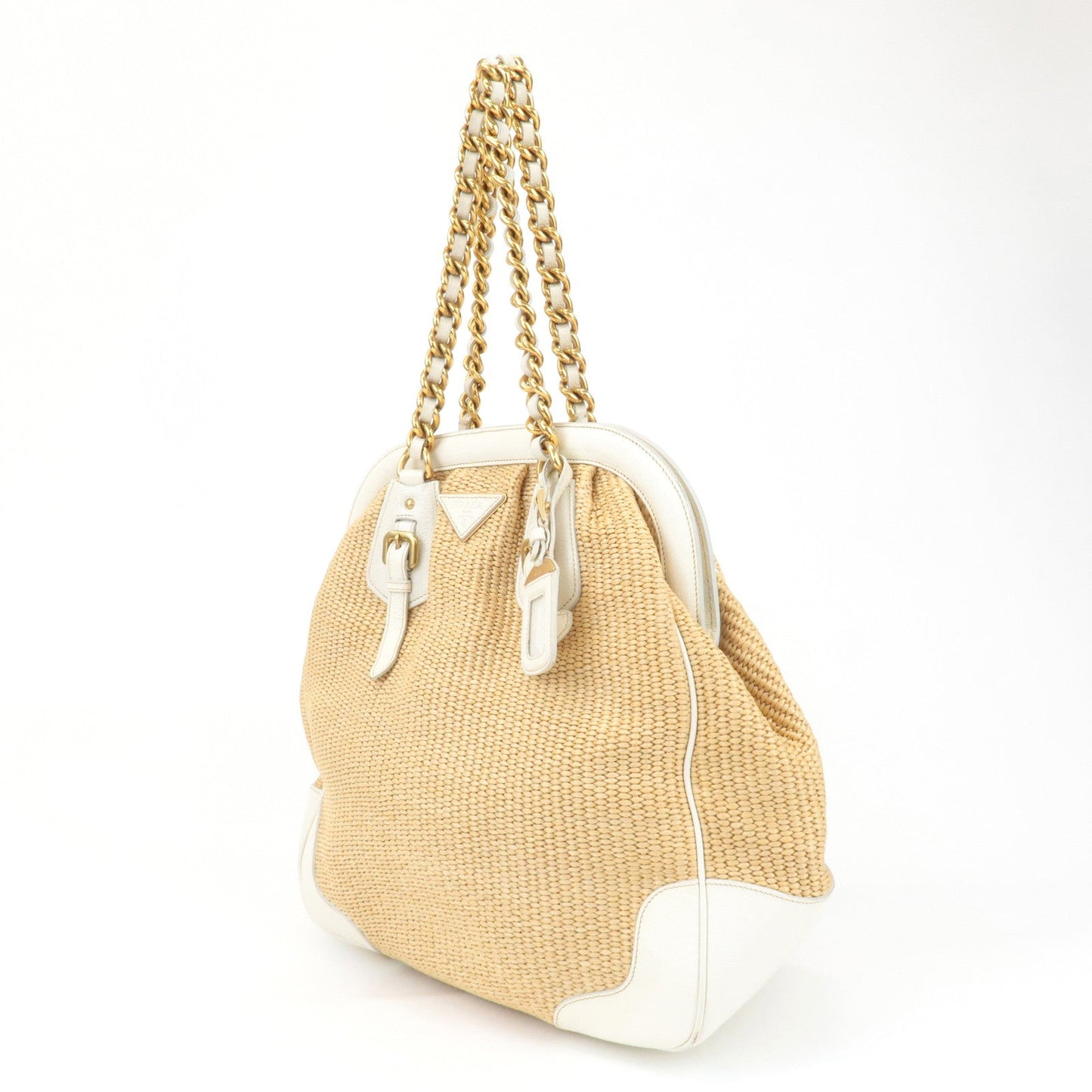 PRADA Triangle Leather Raffia Shoulder Bag Straw Bag Beige BR3693
