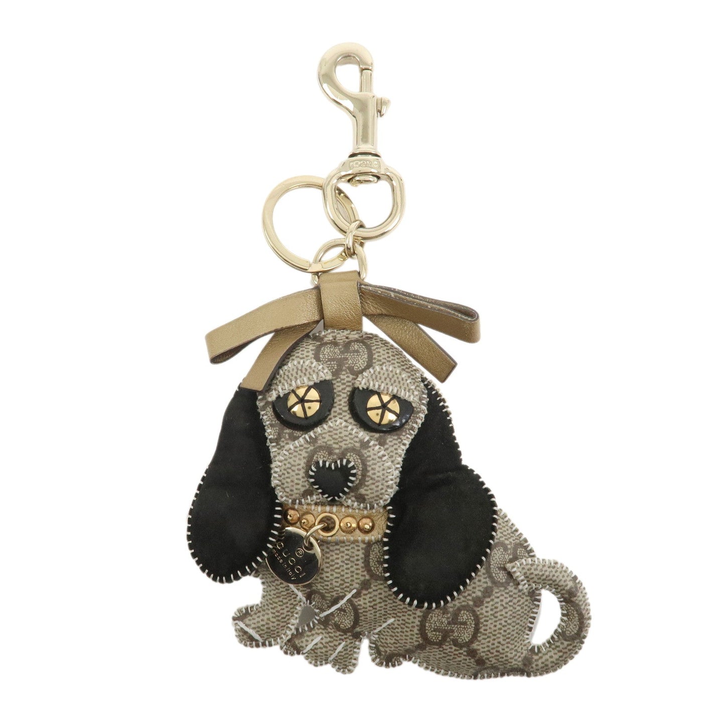 GUCCI GG Plus Suede Leather Bag Charm Key Chain Beige Black 206078