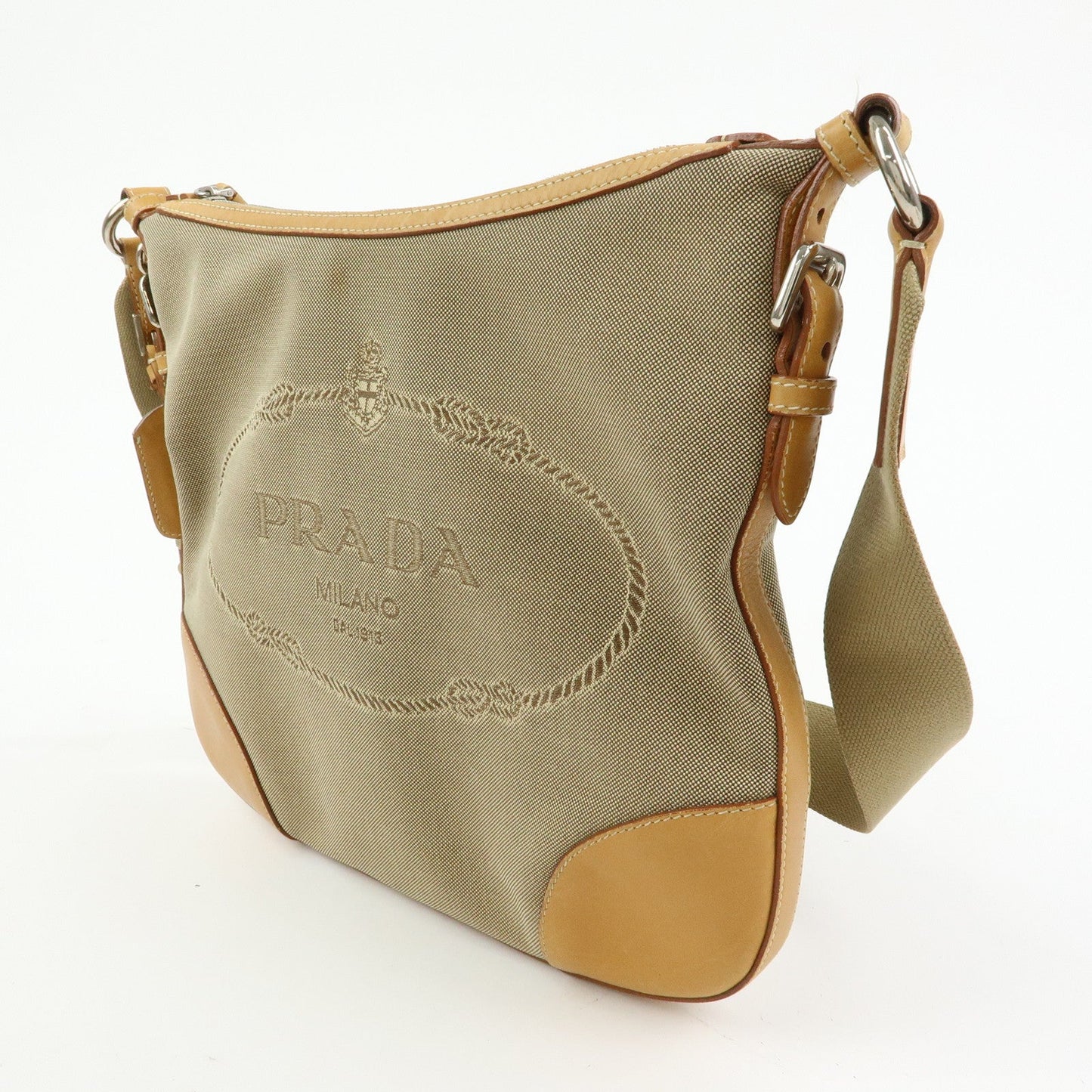 PRADA Logo Jacquard Leather Shoulder Bag Crossbody Bag Camel BT0533