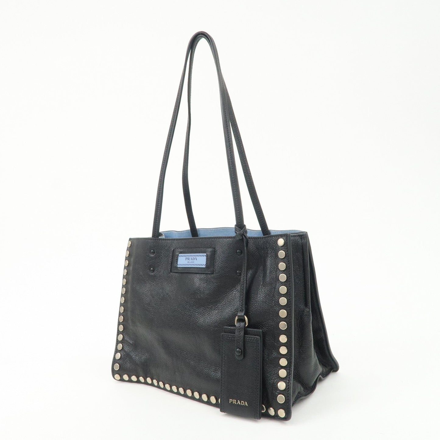 PRADA Logo Etiquette Leather Tote Bag Studs Black 1BG121