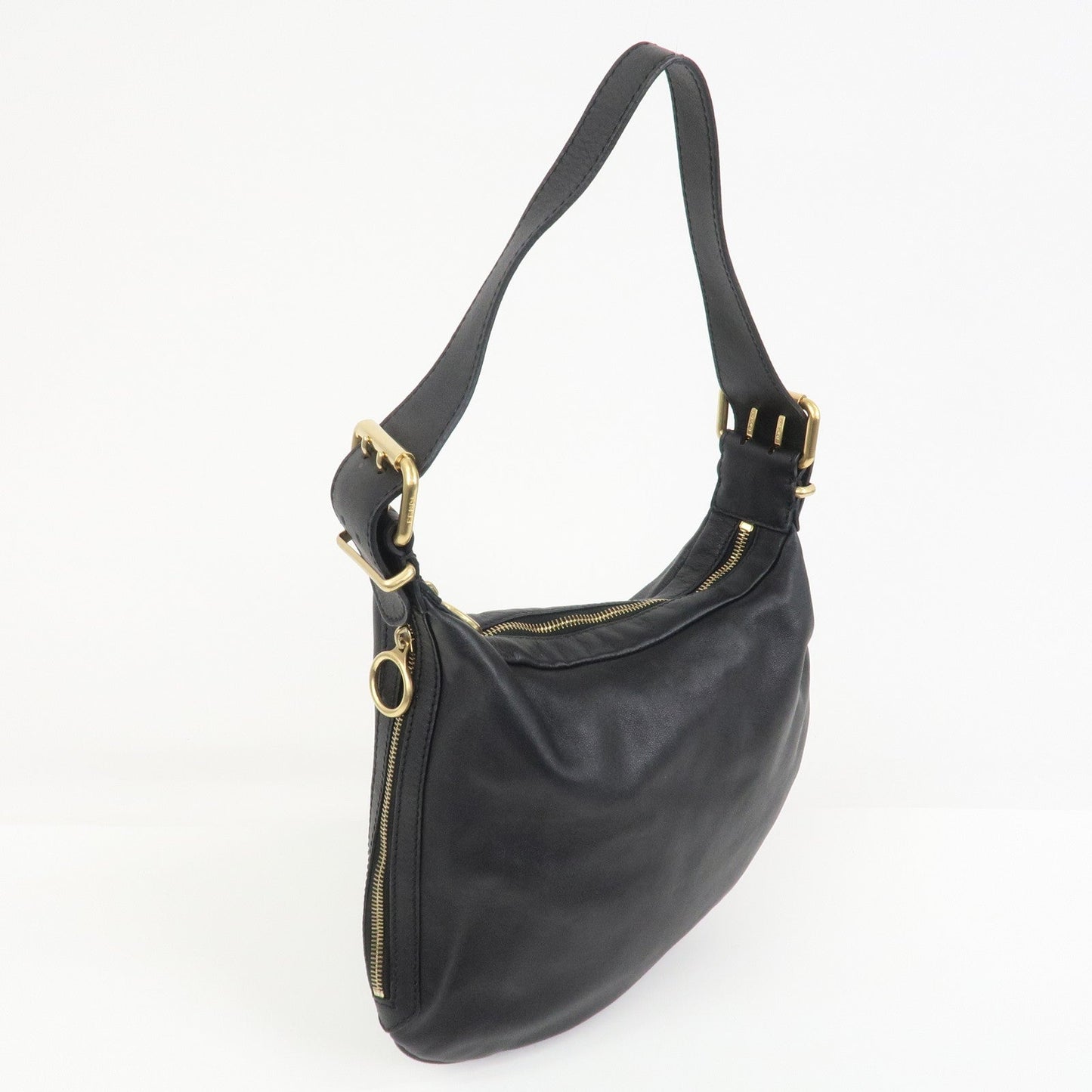 FENDI Logo Leather Shoulder Bag Hand Bag Black 8BR228