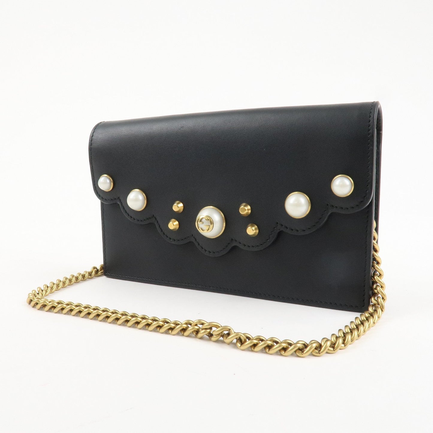 GUCCI GG Marmont Leather Chain Wallet Gold HDW Black 431478