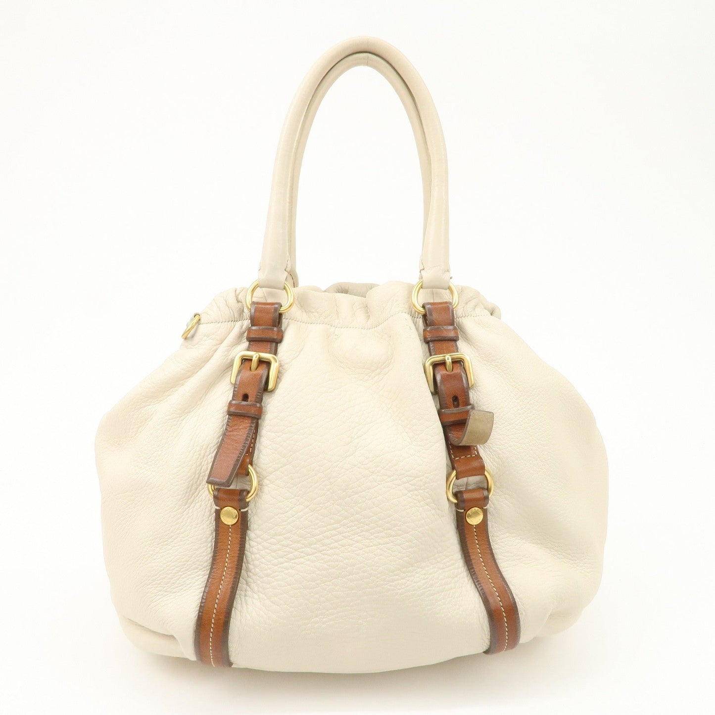 PRADA Leather 2Way Bag Tote Bag Brown White BN1773