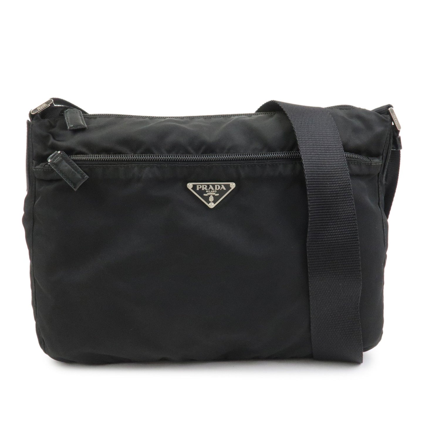 PRADA Triangle Logo Nylon Saffiano Leather Shoulder Bag Black V161