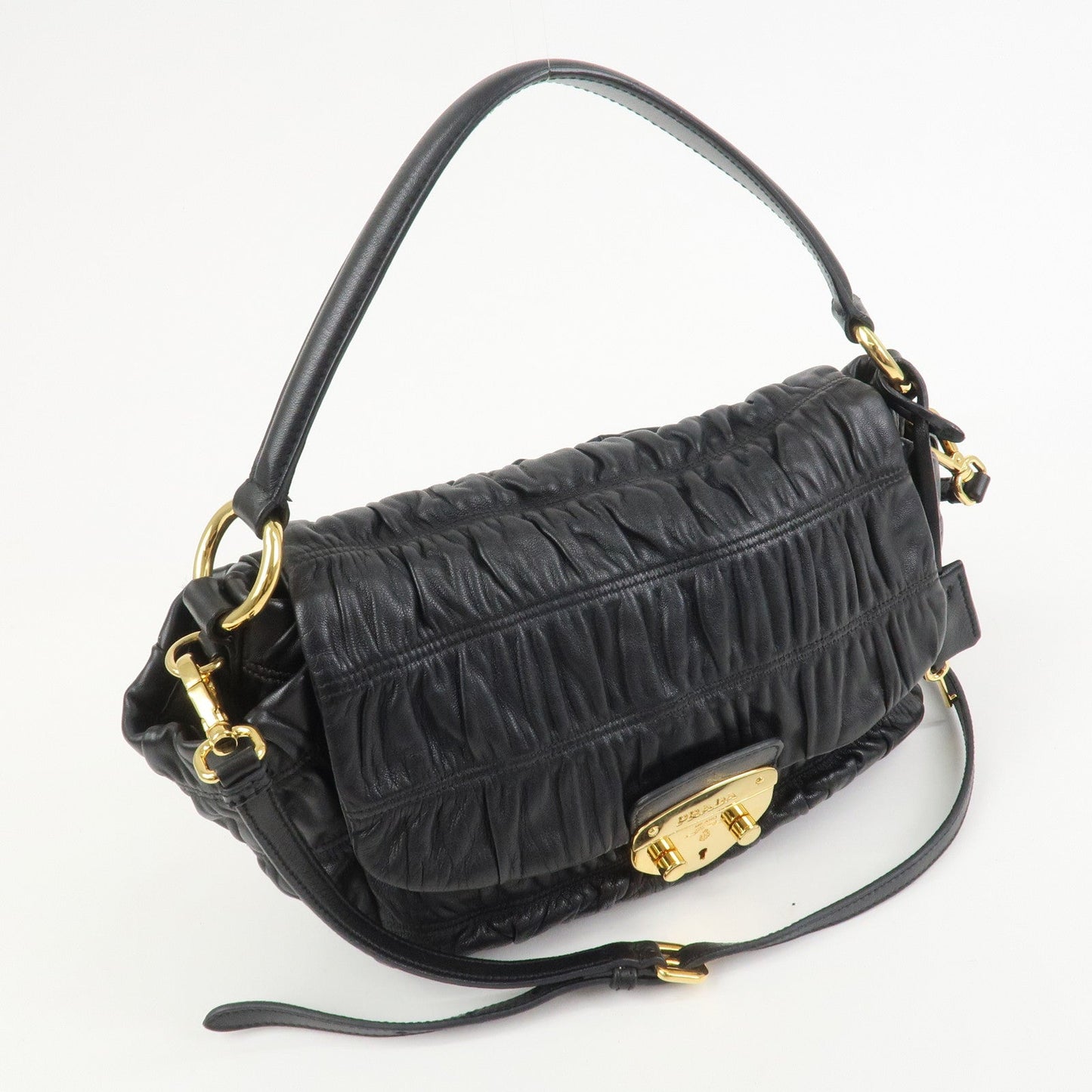 PRADA Logo Gathered Leather 2Way Bag Hand Bag Shoulder Bag Black