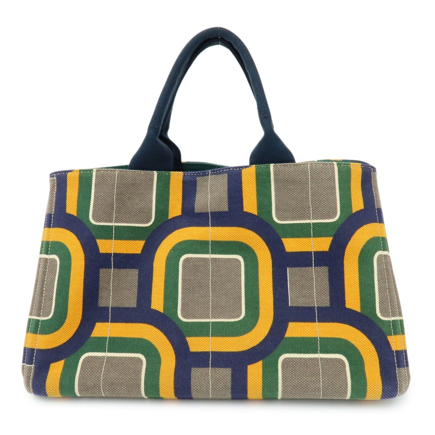 PRADA Canapa Large Tote Bag Hand Bag Green Yellow Navy BN1872