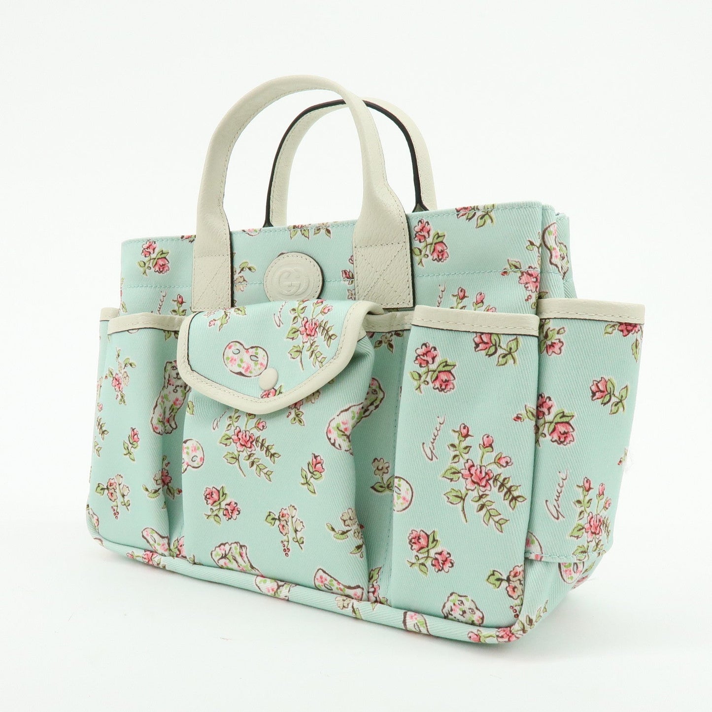 GUCCI Children's Canvas Tote Bag Flower Light Blue Ivory 628159