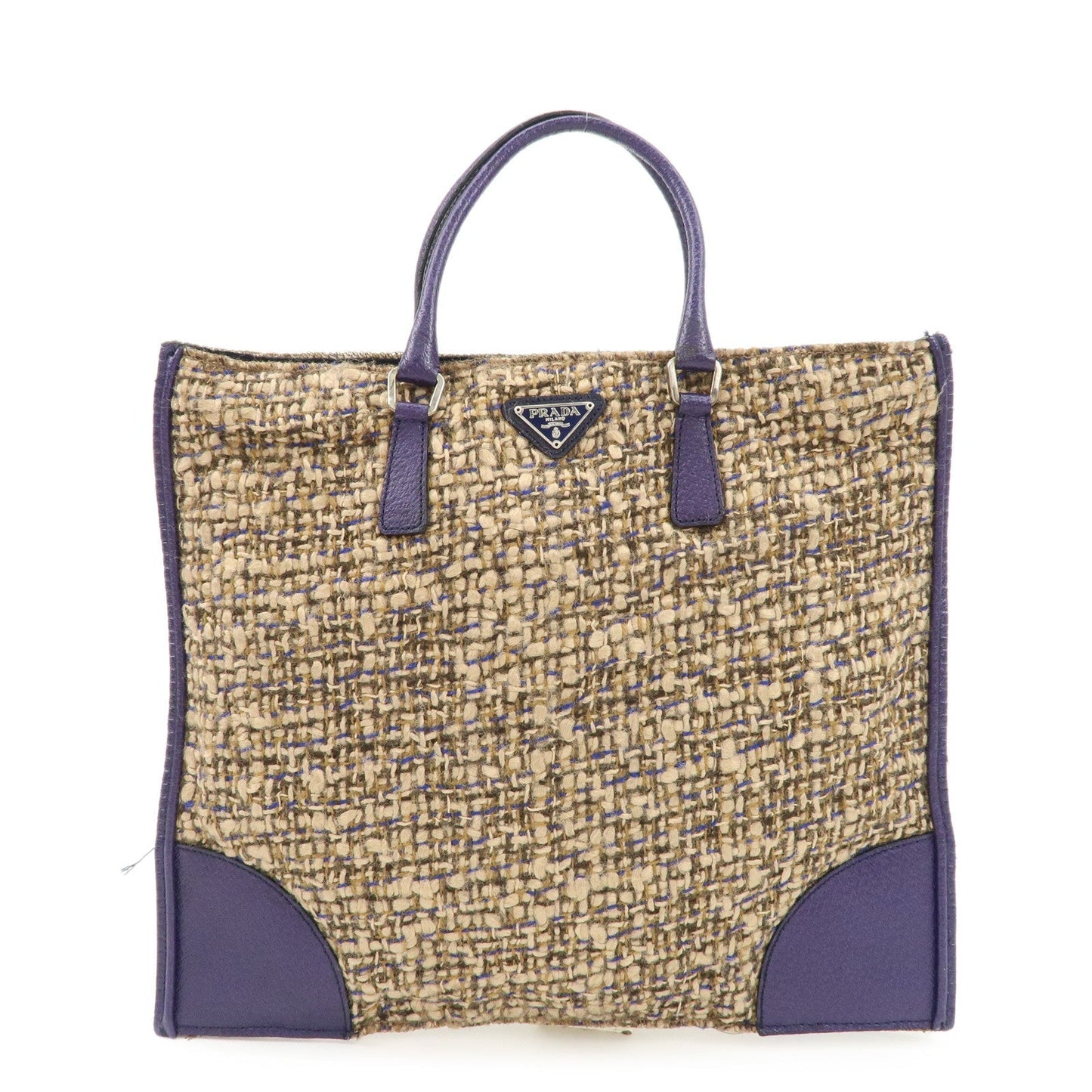 PRADA Triangle Logo Tweed Leather Tote Bag Purple Beige B11261