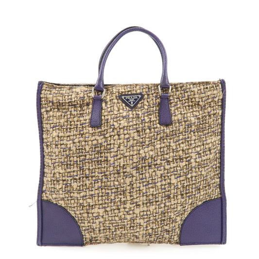 PRADA Triangle Logo Tweed Leather Tote Bag Purple Beige B11261