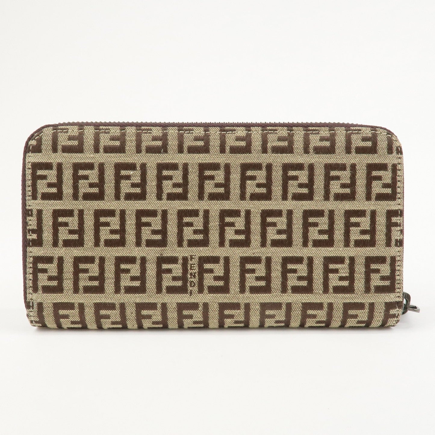 FENDI Zucchino Canvas Leather Round Zippy Long Wallet Brown 8M0024