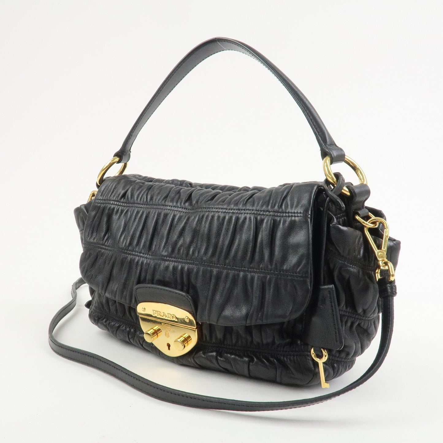 PRADA Logo Gathered Leather 2Way Bag Hand Bag Shoulder Bag Black
