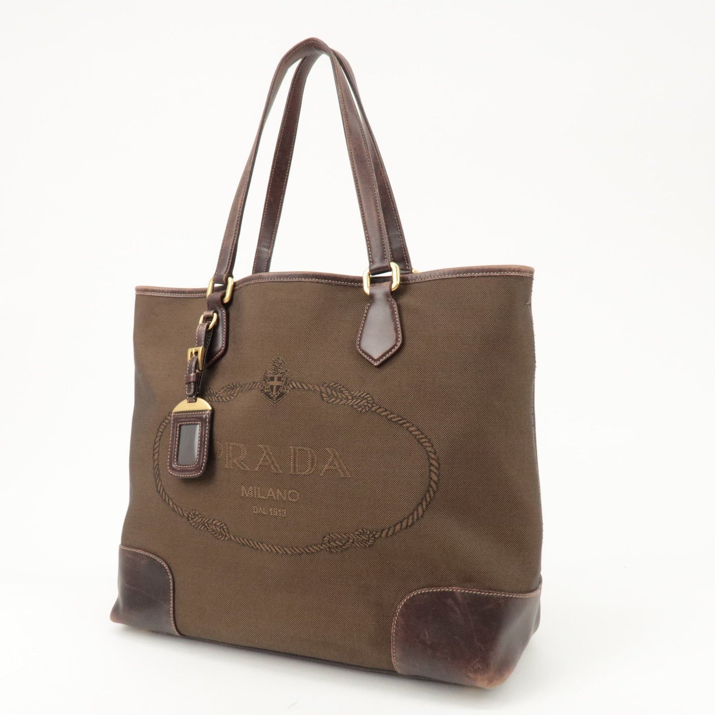 PRADA Triangle Logo Jacquard Leather 2Way Bag Tote Bag Brown