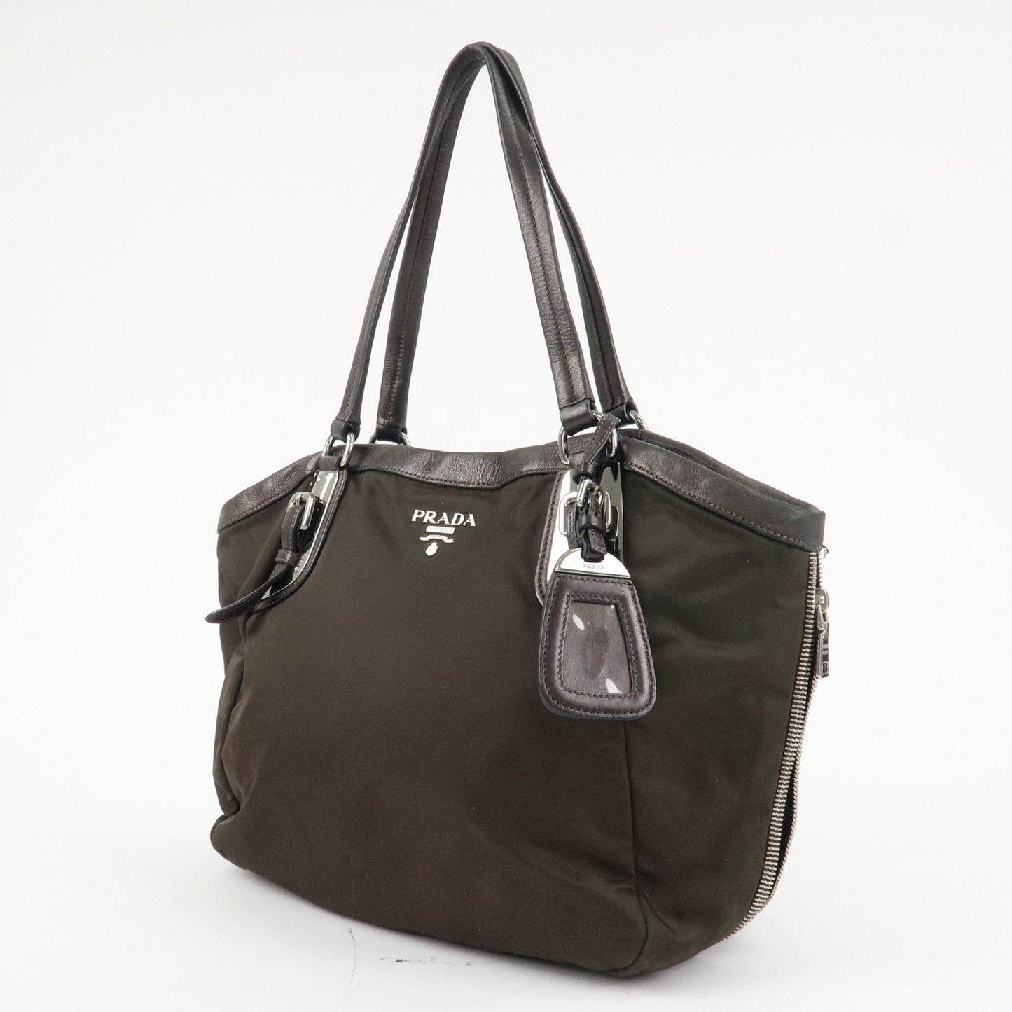PRADA Logo Nylon Leather Tote Bag Shoulder Bag Khaki Metallic Brown