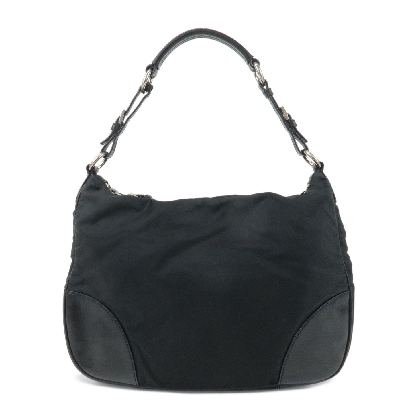 PRADA Triangle Logo Leather Nylon Shoulder Bag Black