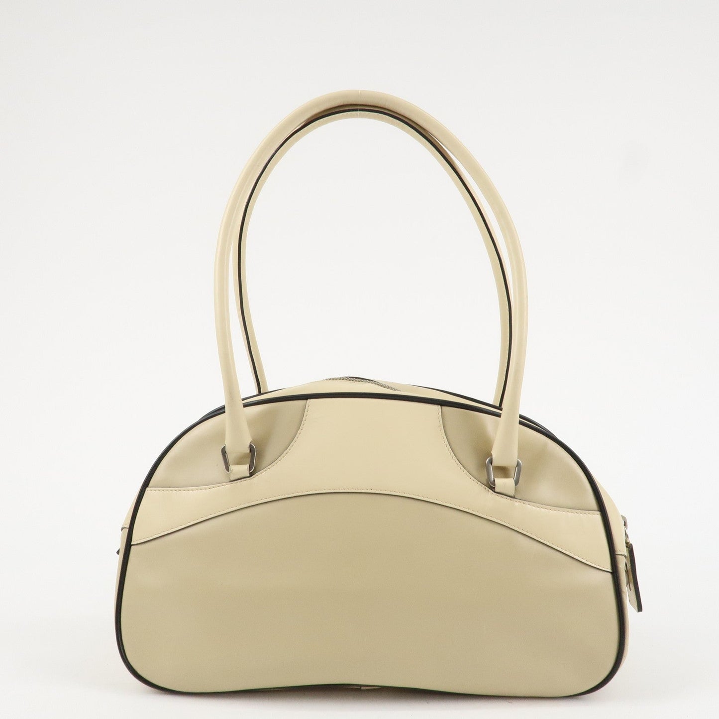 PRADA Leather Bowling Bag Boston Bag Ivory Silver Hardware BL0049