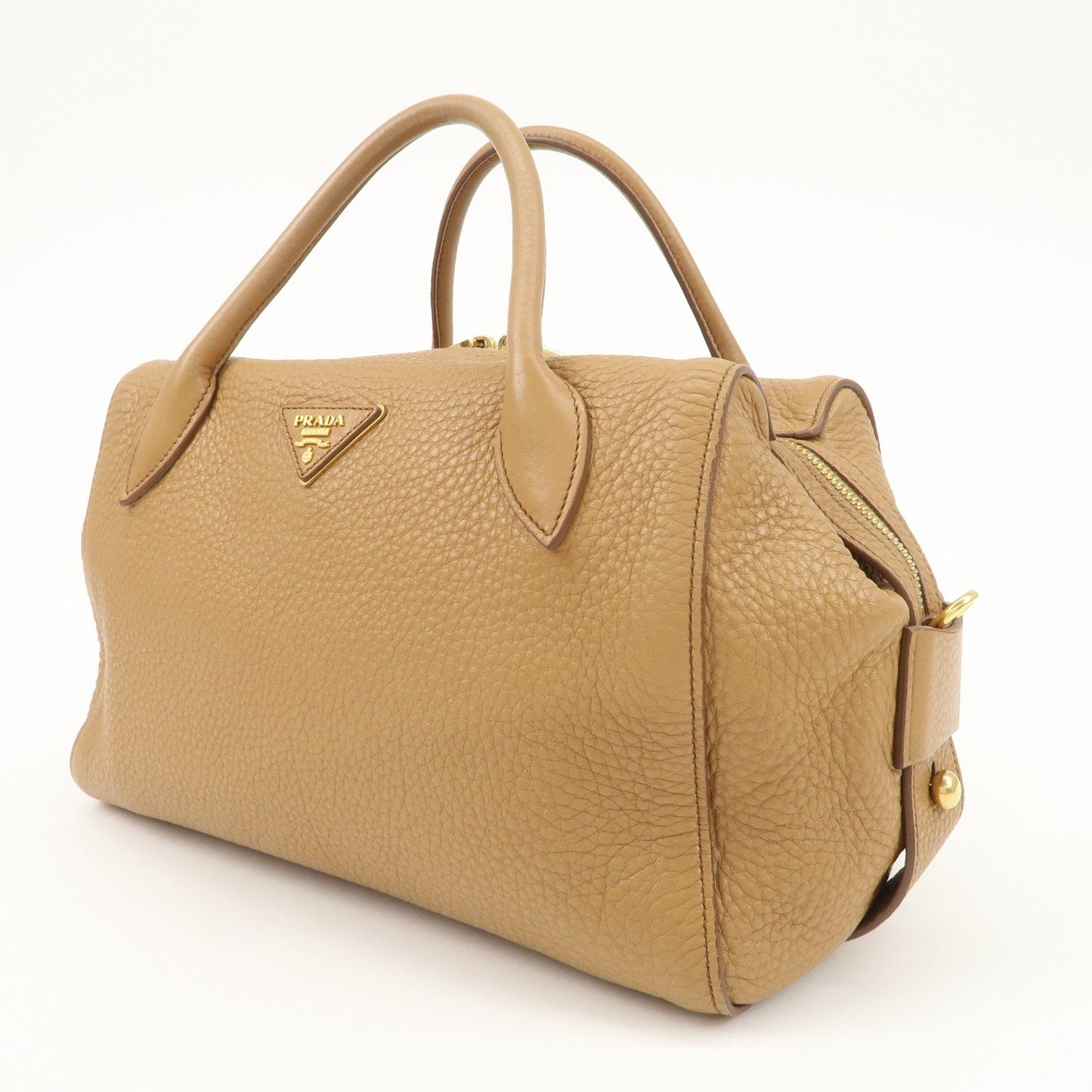 PRADA Triangle Logo Leather 2Way Bag Boston Bag Hand Bag Brown 1BB031