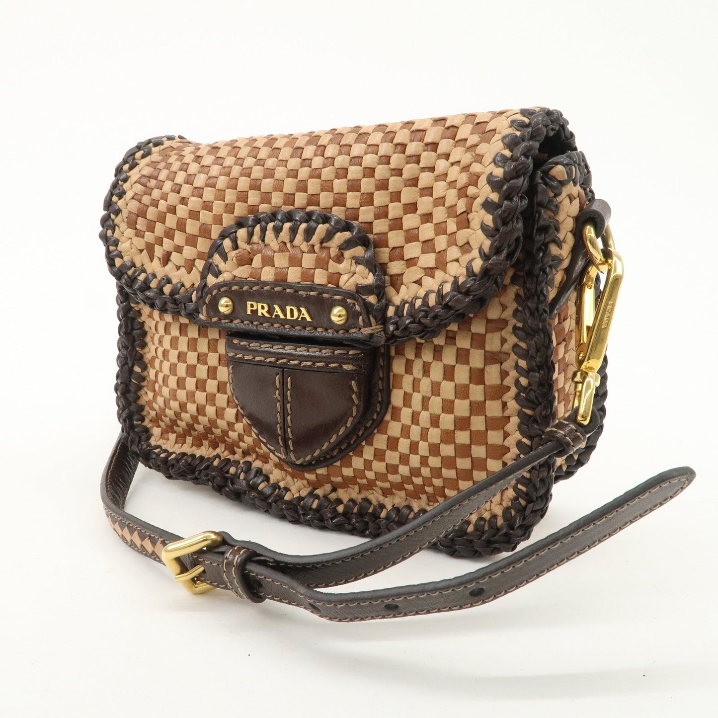 PRADA Madras Leather Shoulder bag Beige Brown BT781V