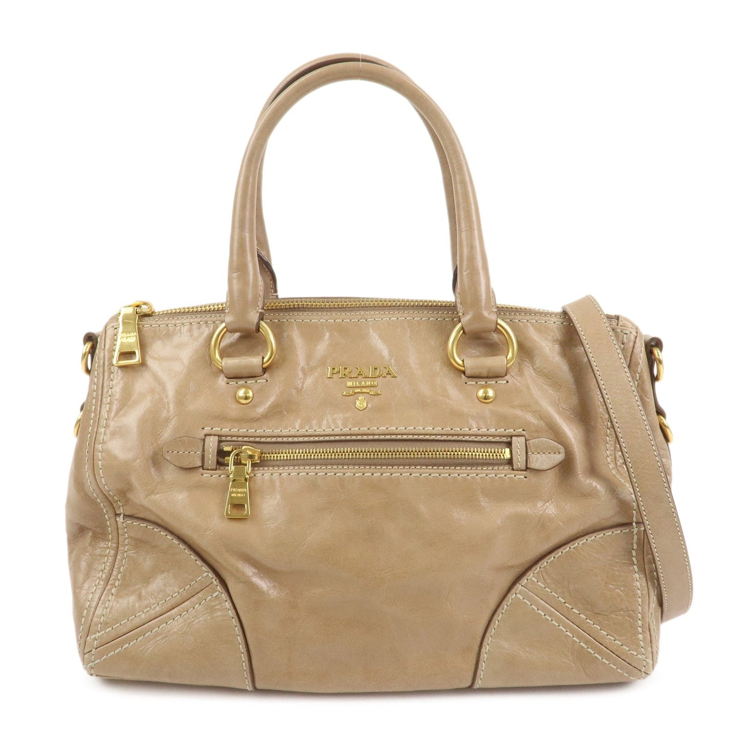 PRADA Leather 2Way Bag Hand Bag Shoulder Bag Light Brown BL0727