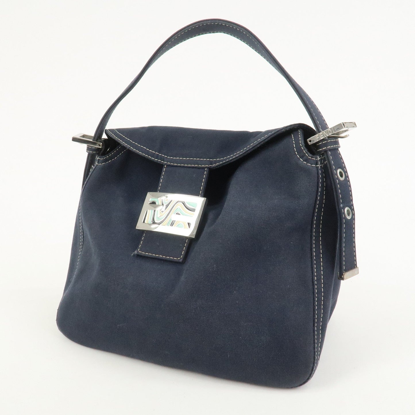 FENDI Logo Canvas Shoulder Bag Hand Bag Navy 26426