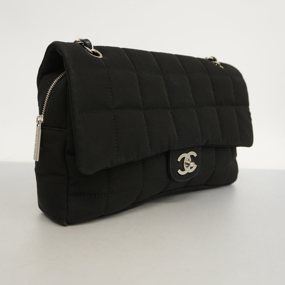 Chanel Shoulder Bag Chocolate Bar Chain Nylon Black Silver