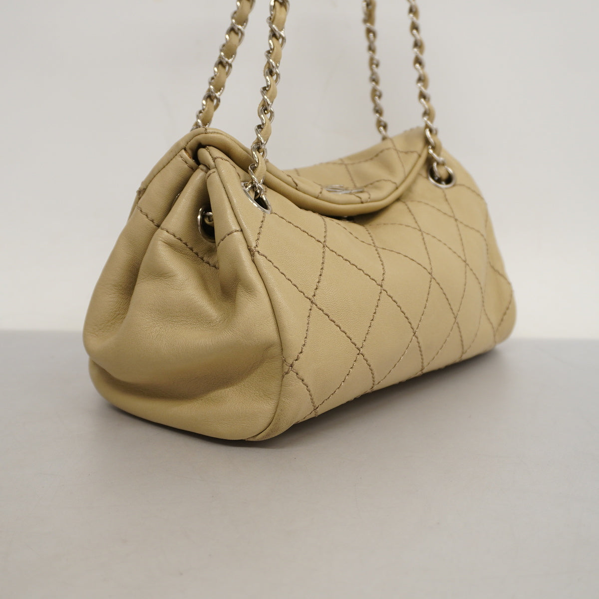 Chanel Shoulder Bag Wild Stitch Leather Beige Silver