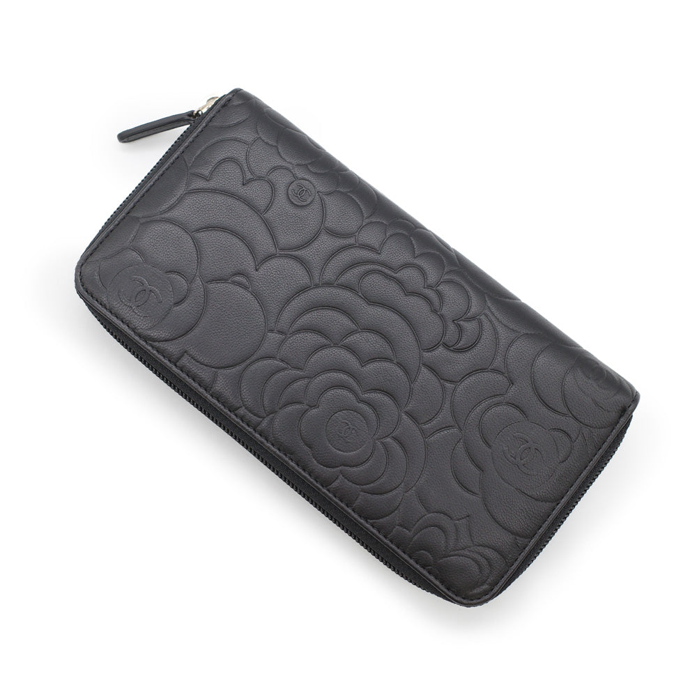 Chanel Camellia Long Wallet Black Round Fastener Lambskin Coco Mark