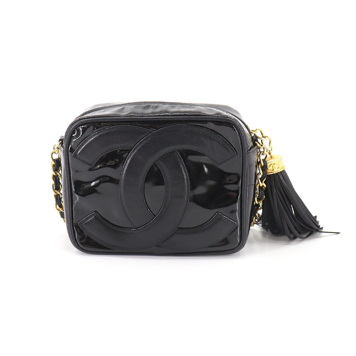 Chanel Here Mark Fringe Chain Shoulder Bag Enamel Leather Black Gold Metal Fittings