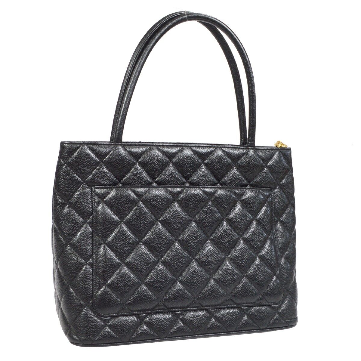 Chanel Medallion Quilted CC Hand Tote Bag Purse Black Caviar Skin