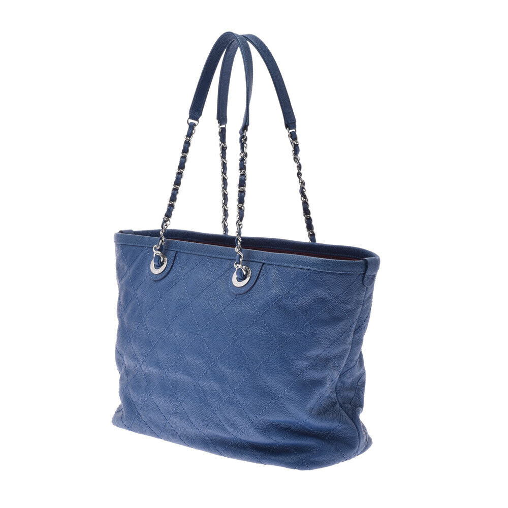 Chanel Matelasse Chain Tote Blue Silver Hardware Caviar Skin Bag
