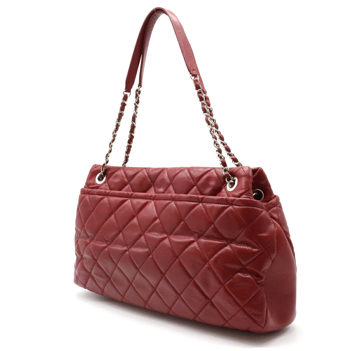 Chanel Matelasse Caviar Skin Here Mark Chain Tote Bag Leather Red Silver