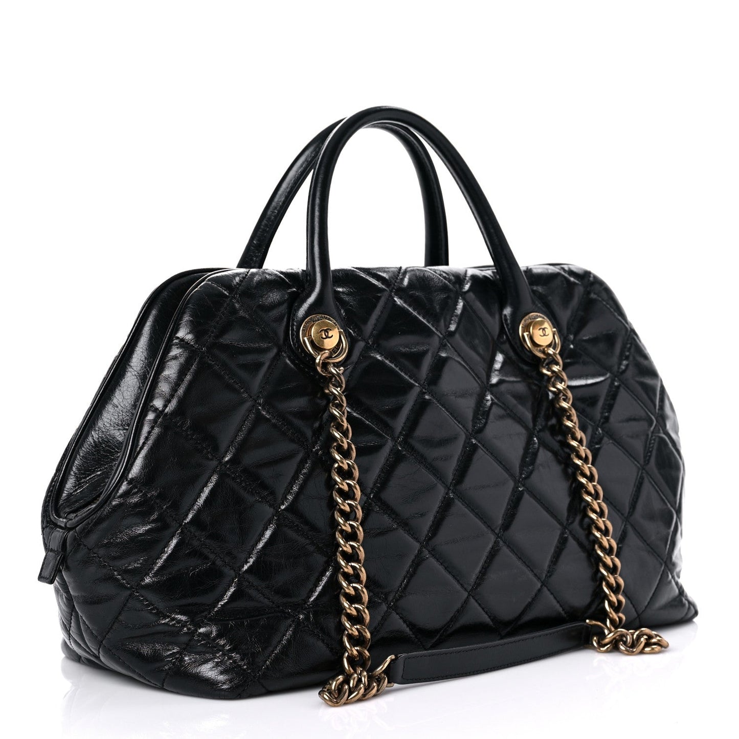 Chanel Glazed Calfskin Castle Rock Bowling Bag Black