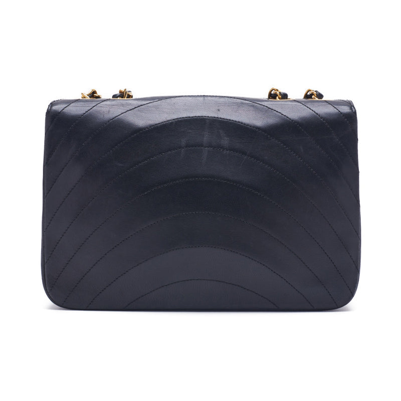 Chanel Border Stitch Round Flap Turn Lock Chain Lambskin Black