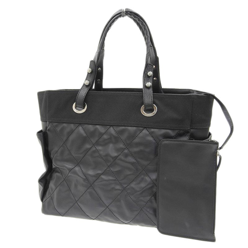 Chanel Paris Biarritz Tote Mm Tote Bag Leather Canvas Black