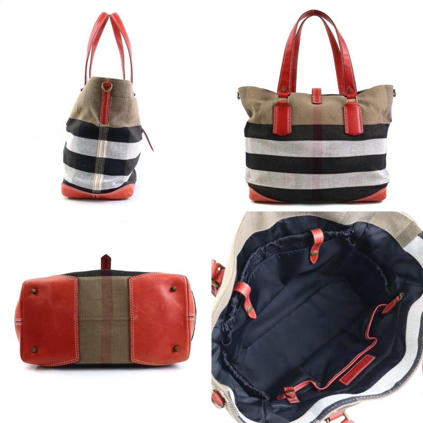 Burberry Black Brown Red Color Canvas Leather Shoulder Bag Tote Bag ( )