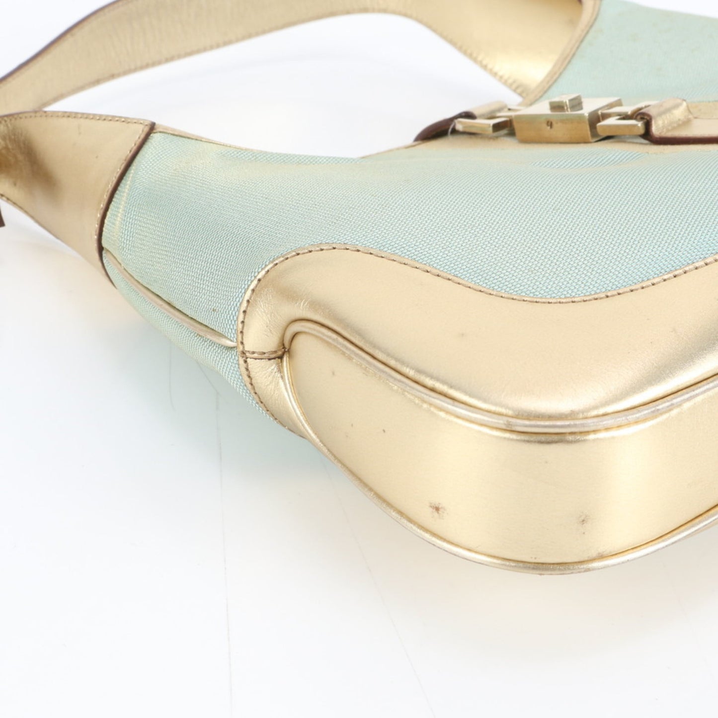 Gucci Blue Gold Leather Canvas Shoulder Bag ( )