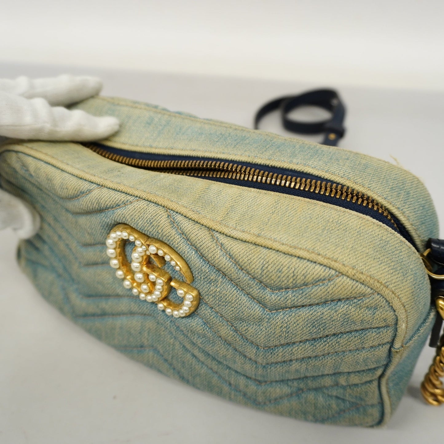 GUCCI Auth  GG Marmont Shoulder Bag Velor 447632 Women's Denim Light Blue