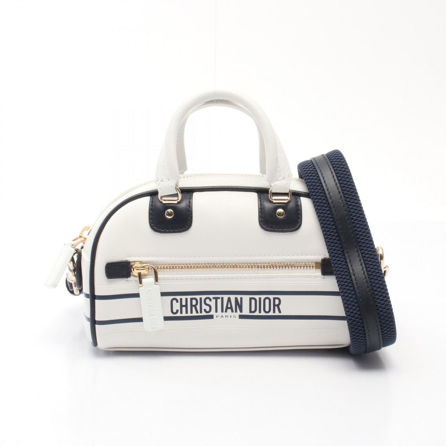 Christian Dior Navy White Leather Handbag ()