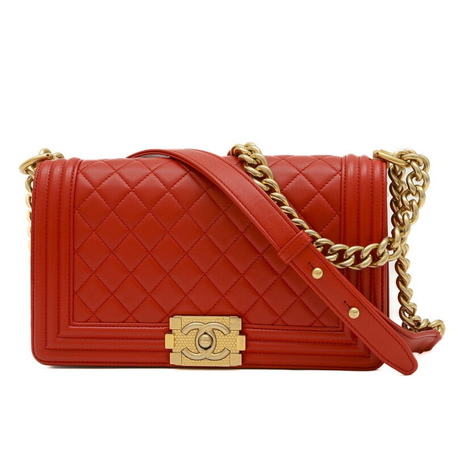 Chanel Boy Chain Shoulder Bag Lambskin Red A67086