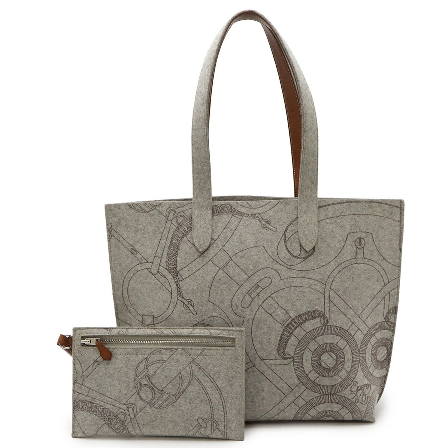 Hermes Brown Gray Felt Leather Handbag Tote Bag ( )