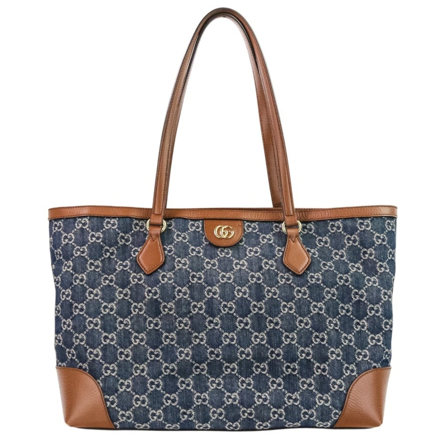 Gucci Brown Dark Blue Denim Leather Tote Bag ( )