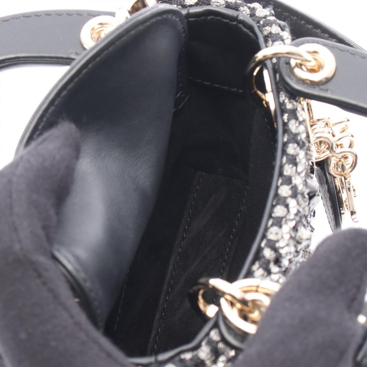 Christian Dior Lady Dior Black Clear Silver Leather Rhinestone Handbag ()