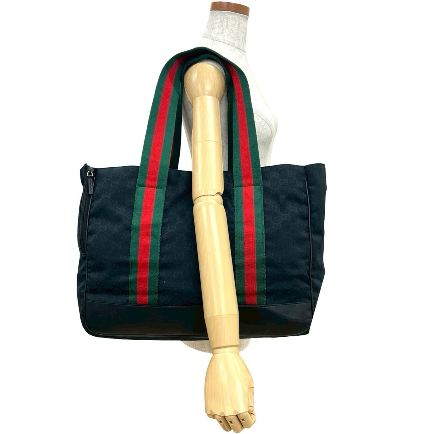 Gucci Black Green Red Color Canvas Leather Handbag Tote Bag ( )