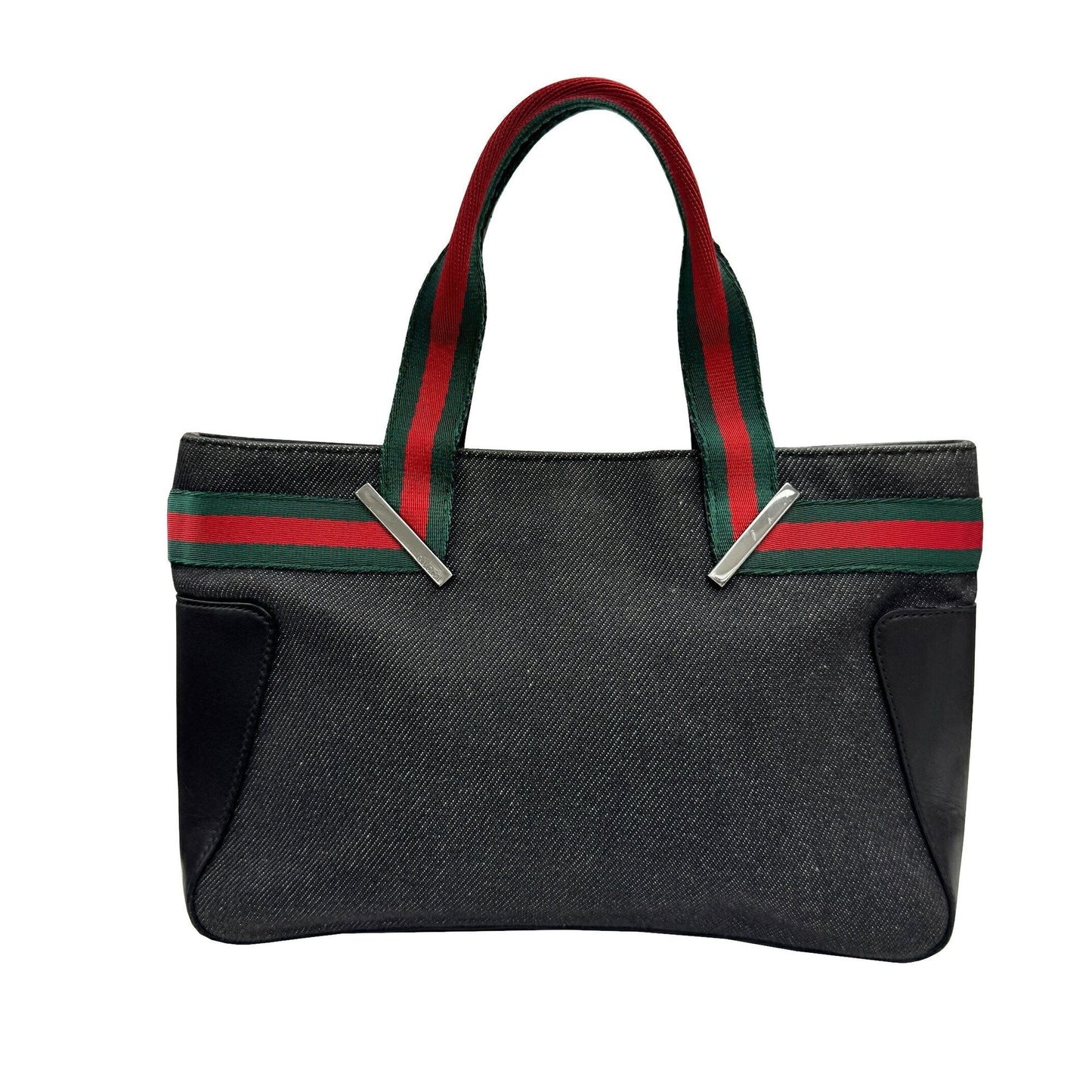 Gucci Sherry Line Black Denim Leather Handbag Tote Bag ( )