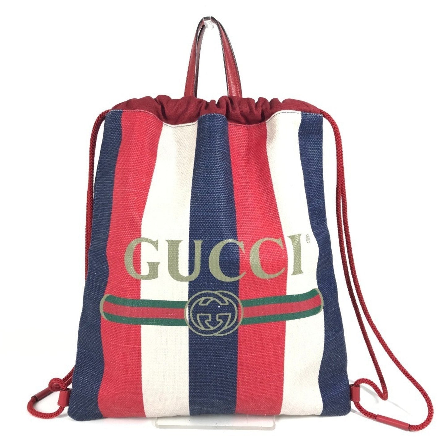 Gucci Navy Red Color White Leather Canvas Backpack Handbag Tote Bag ( )