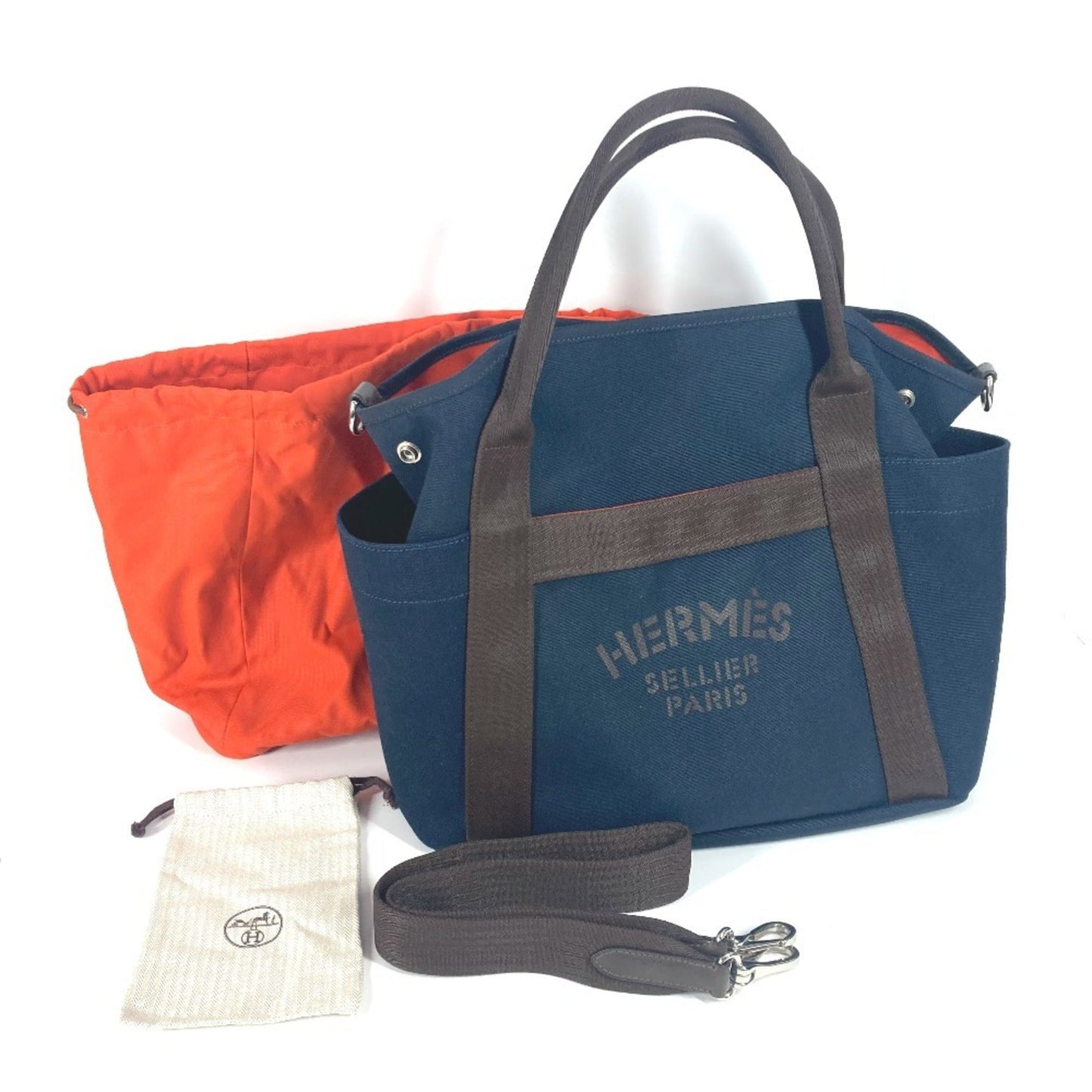 Hermes Navy Orange Leather Canvas Shoulder Bag Tote Bag ( )